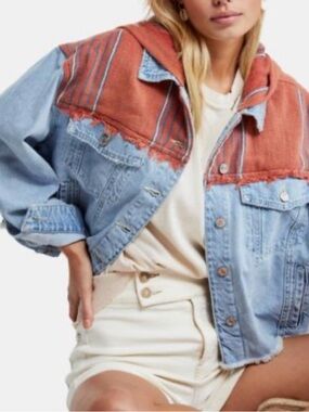 Free People Light Blue Denim Jacket with Rust Hooded Yoke
